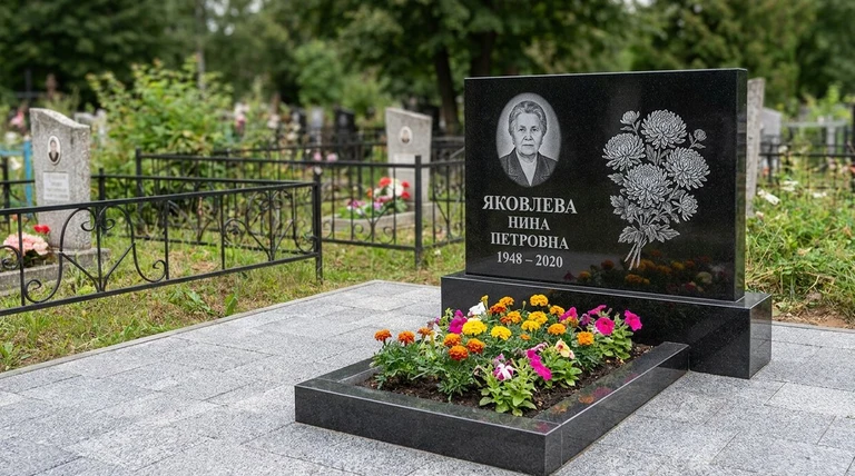 Гравировка хризантем на памятник в Сочи — пример работы на граните