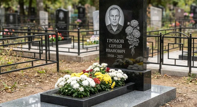 Памятник с гравировкой хризантем — выполненная работа «Громов» в Сочи