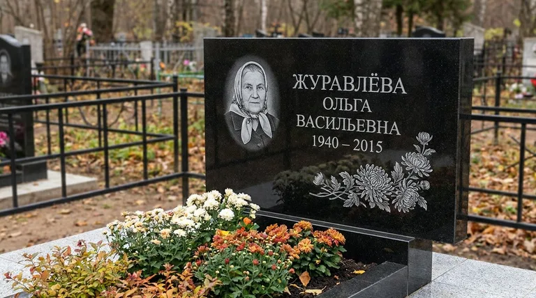 Памятник с гравировкой хризантем — выполненная работа «Журавлёва» в Сочи