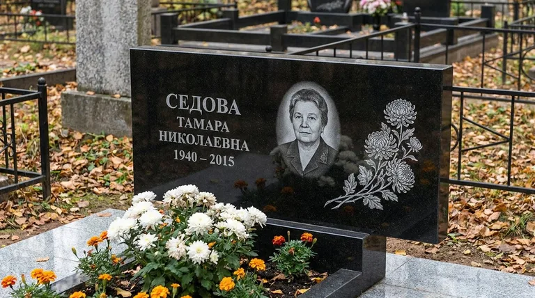 Памятник с гравировкой хризантем — выполненная работа «Седова» в Сочи