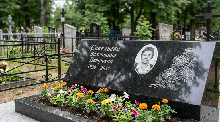 Памятник с гравировкой хризантем — выполненная работа «Савельева» в Сочи