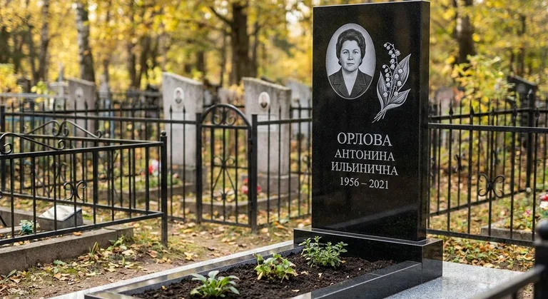 Памятник с гравировкой ландышей — выполненная работа «Орлова» в Сочи