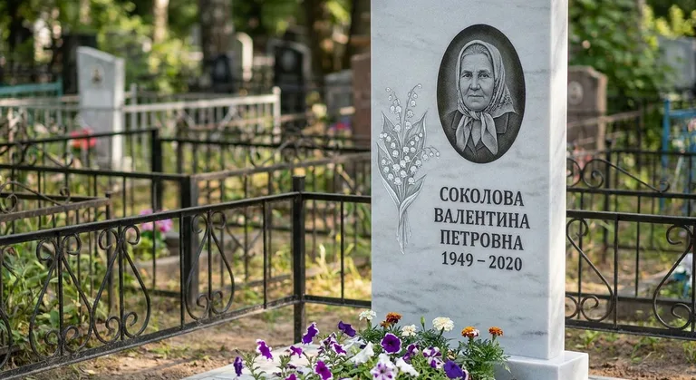 Памятник с гравировкой ландышей — выполненная работа «Соколова» в Сочи