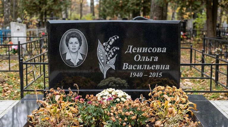 Памятник с гравировкой ландышей — выполненная работа «Денисова» в Сочи