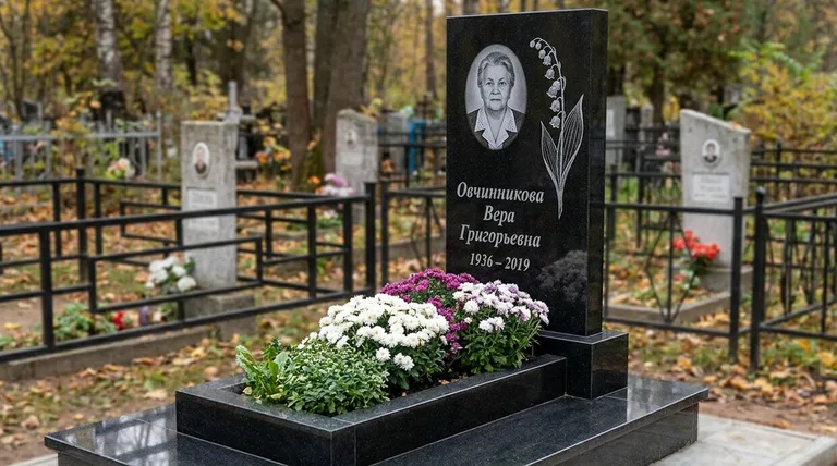 Памятник с гравировкой ландышей — выполненная работа «Овчинникова» в Сочи