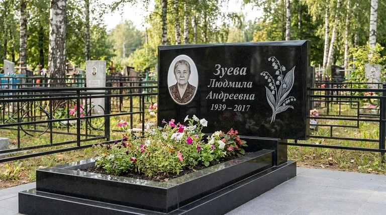 Памятник с гравировкой ландышей — выполненная работа «Зуева» в Сочи