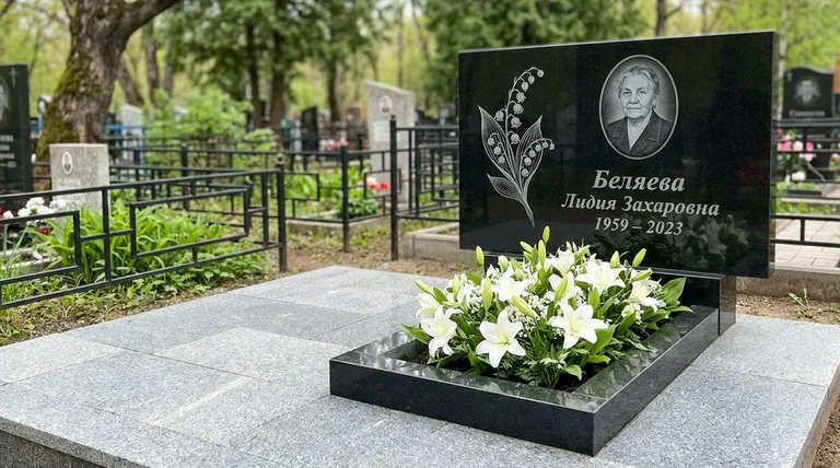 Памятник с гравировкой ландышей — выполненная работа «Беляева» в Сочи