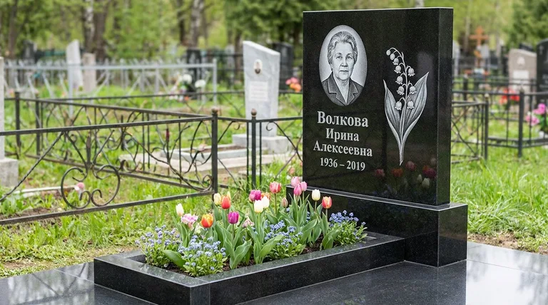 Памятник с гравировкой ландышей — выполненная работа «Волкова» в Сочи