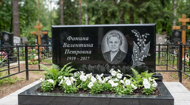 Памятник с гравировкой ландышей — выполненная работа «Фомина» в Сочи