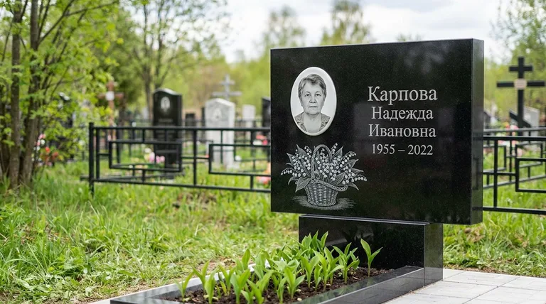 Памятник с гравировкой ландышей — выполненная работа «Карпова» в Сочи