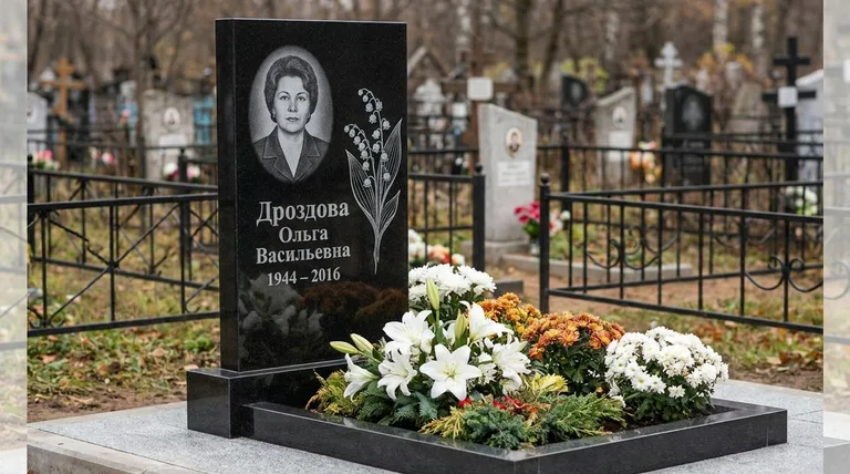 Памятник с гравировкой ландышей — выполненная работа «Дроздова» в Сочи