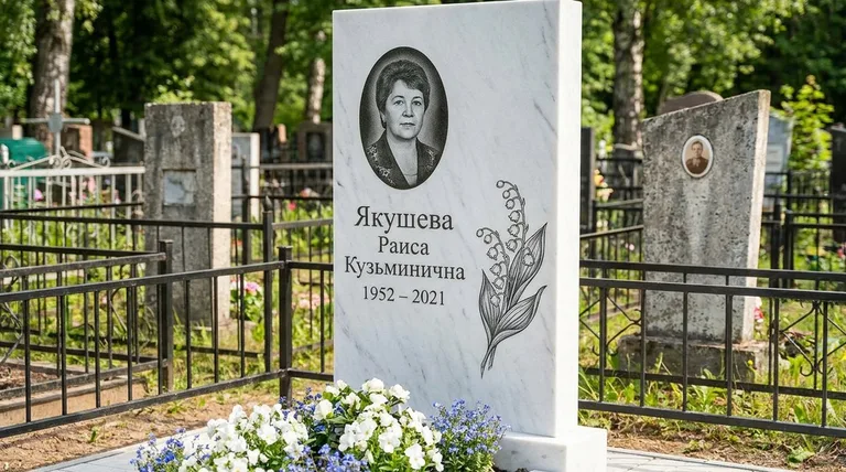 Памятник с гравировкой ландышей — выполненная работа «Якушева» в Сочи