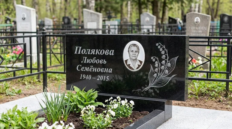 Памятник с гравировкой ландышей — выполненная работа «Полякова» в Сочи
