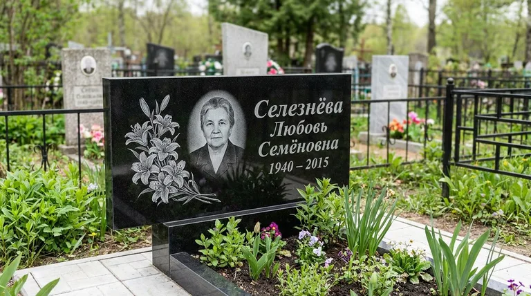 Памятник с гравировкой лилий — выполненная работа «Селезнёва» в Сочи