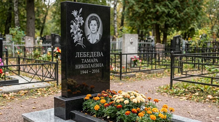Памятник с гравировкой лилий — выполненная работа «Лебедева» в Сочи