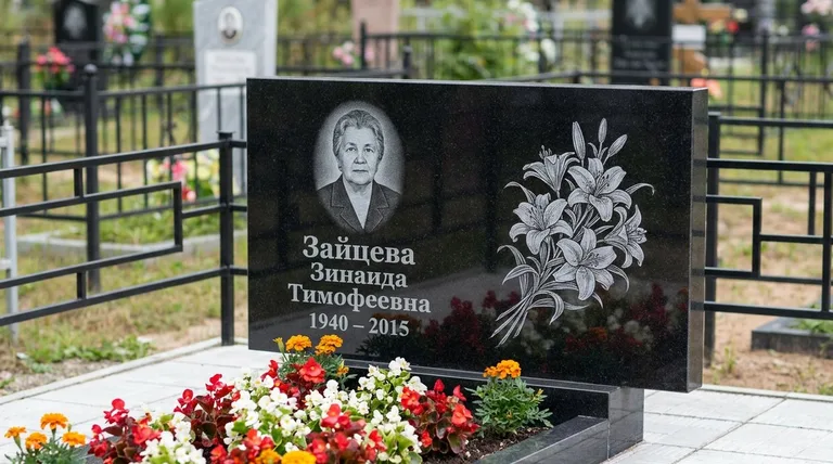 Памятник с гравировкой лилий — выполненная работа «Зайцева» в Сочи