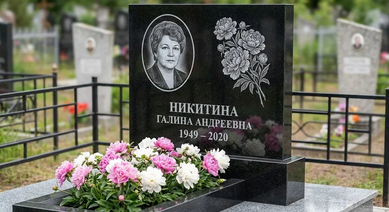 Памятник с гравировкой пионов — выполненная работа «Никитина» в Сочи