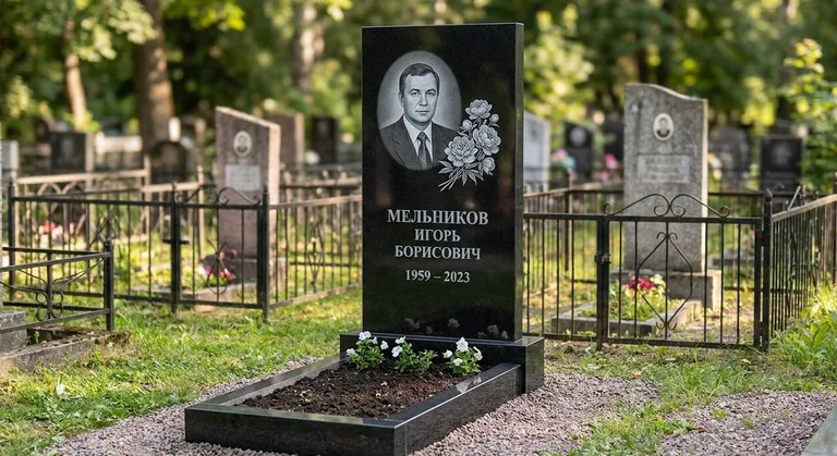 Памятник с гравировкой пионов — выполненная работа «Мельников» в Сочи