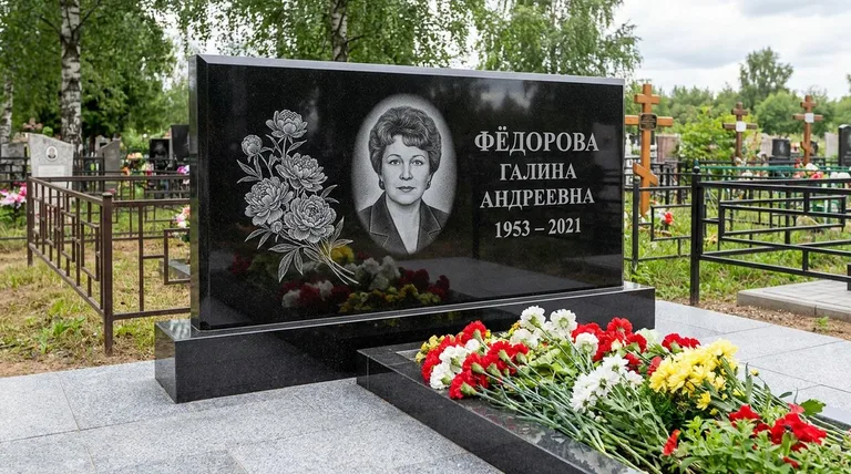 Памятник с гравировкой пионов — выполненная работа «Фёдорова» в Сочи