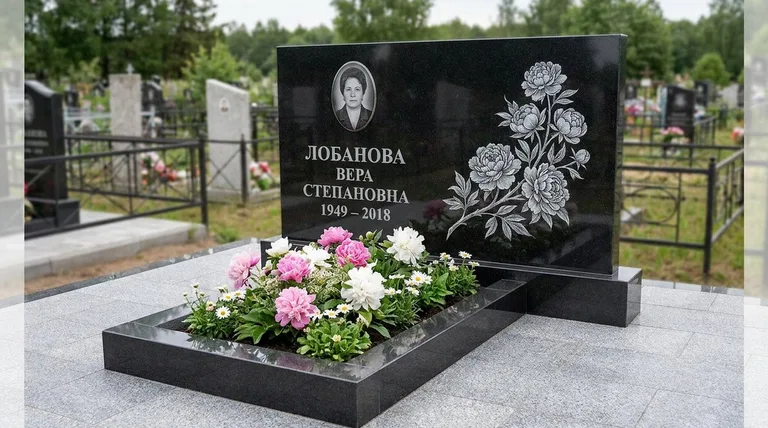 Памятник с гравировкой пионов — выполненная работа «Лобанова» в Сочи