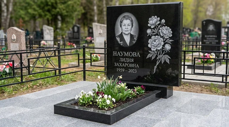 Памятник с гравировкой пионов — выполненная работа «Наумова» в Сочи