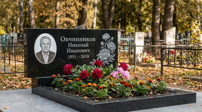 Памятник с гравировкой пионов — выполненная работа «Овчинников» в Сочи