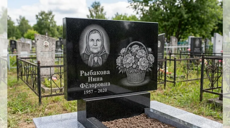 Памятник с гравировкой пионов — выполненная работа «Рыбакова» в Сочи
