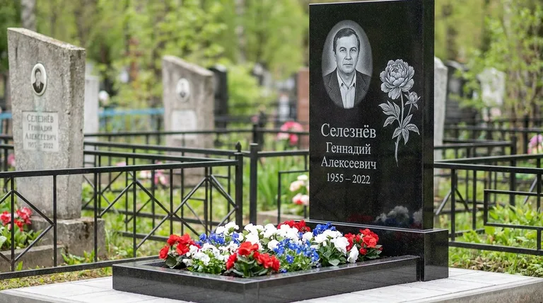 Памятник с гравировкой пионов — выполненная работа «Селезнёв» в Сочи