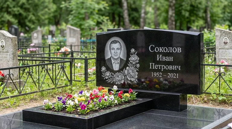 Памятник с гравировкой пионов — выполненная работа «Соколов» в Сочи