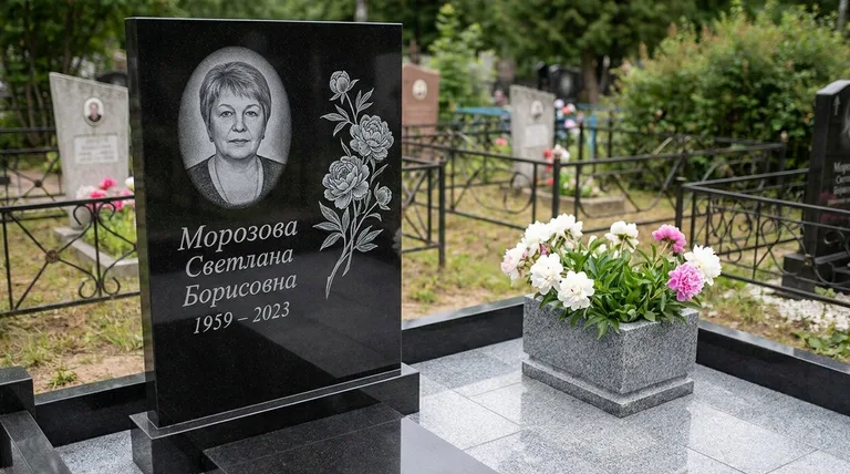 Памятник с гравировкой пионов — выполненная работа «Морозова» в Сочи