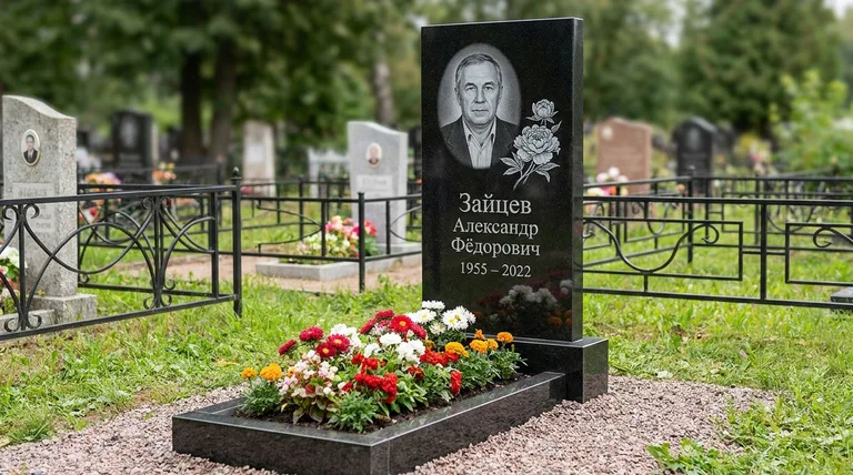 Памятник с гравировкой пионов — выполненная работа «Зайцев» в Сочи
