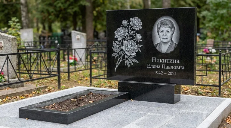 Памятник с гравировкой пионов — выполненная работа «Никитина» в Сочи