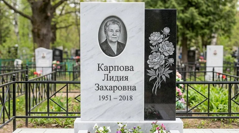 Памятник с гравировкой пионов — выполненная работа «Карпова» в Сочи