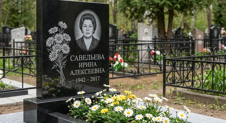 Памятник с гравировкой ромашек — выполненная работа «Савельева» в Сочи