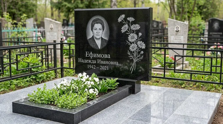 Памятник с гравировкой ромашек — выполненная работа «Ефимова» в Сочи