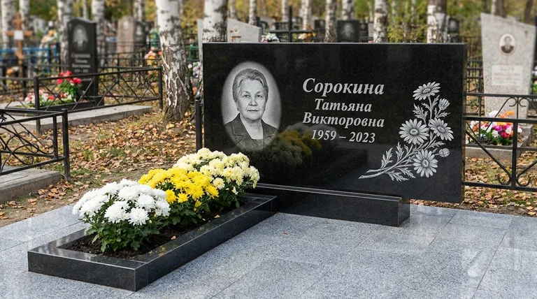 Памятник с гравировкой ромашек — выполненная работа «Сорокина» в Сочи