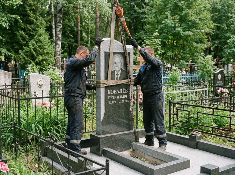 Демонтаж памятника на кладбище в Сочи — бригада аккуратно снимает старый гранитный памятник с могилы