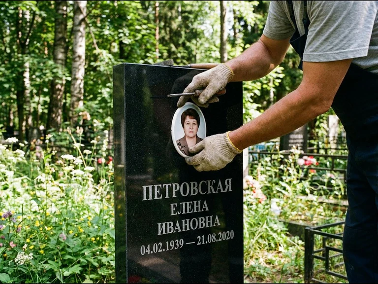 Фото на керамике на памятник в Сочи — мастер устанавливает овальный керамический портрет на гранитный памятник