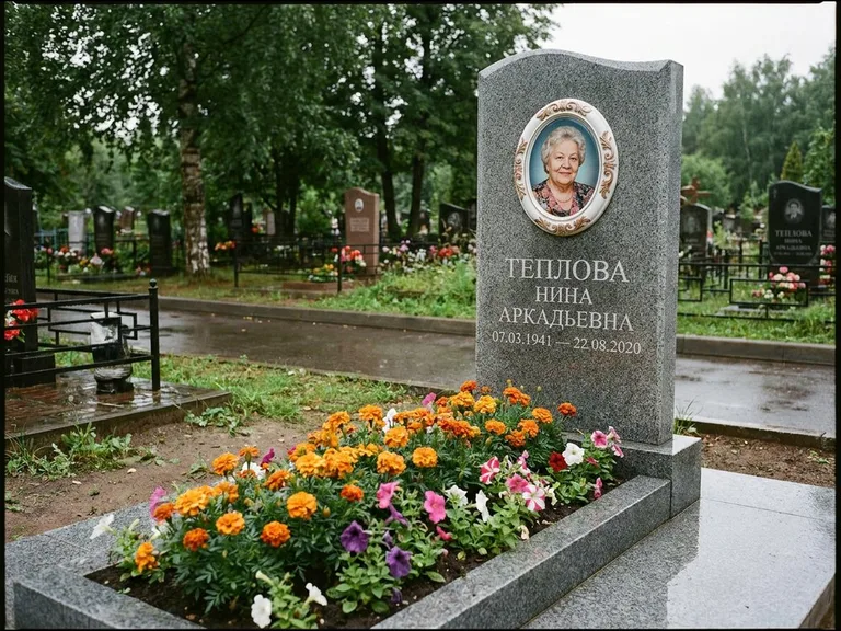 Керамический портрет на памятнике с цветами в Сочи