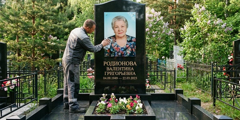 Фотокерамика и печать фото на памятник в Сочи — мастер устанавливает цветной портрет на стекле на гранитный памятник