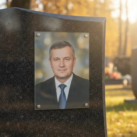 Портрет на стекле на держателях на чёрном граните в Сочи