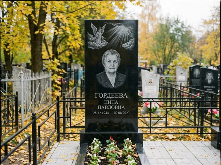 Памятник с гравировкой ангела — гравировка ангела в облаках с лучами над портретом, работа «Гордеева» в Сочи