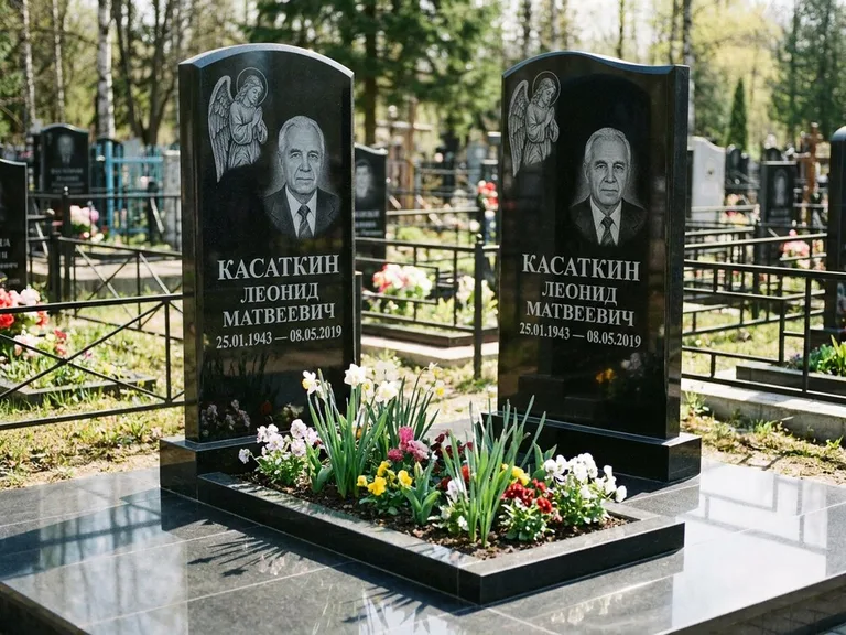 Памятник с гравировкой ангела — гравировка молящегося ангела в верхней части стелы, работа «Касаткин» в Сочи