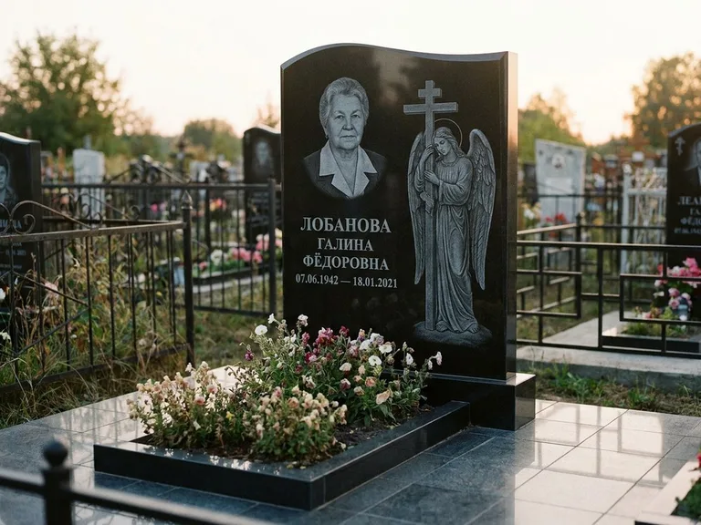 Памятник с гравировкой ангела — гравировка ангела с крестом рядом с эпитафией, работа «Лобанова» в Сочи