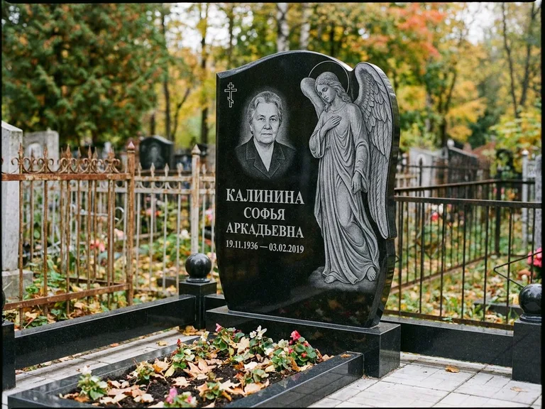 Памятник с гравировкой ангела — гравировка ангела с крестом рядом с эпитафией, работа «Игнатова» в Сочи