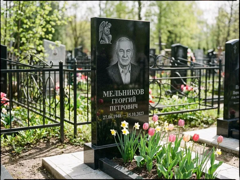 Памятник с гравировкой ангела — гравировка ангела с голубем по диагонали стелы, работа «Доронин» в Сочи