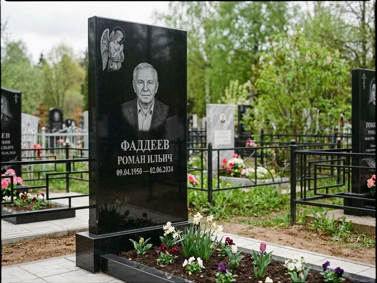 Памятник с гравировкой ангела — гравировка молящегося ангела в верхней части стелы, работа «Фаддеев» в Сочи