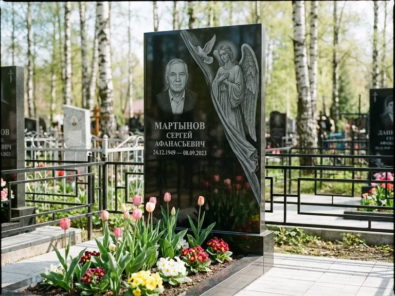 Памятник с гравировкой ангела — гравировка двух ангелов по сторонам портрета, работа «Касаткин» в Сочи