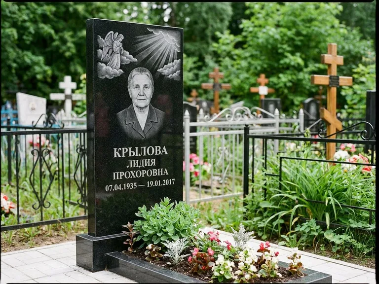 Памятник с гравировкой ангела — гравировка ангела в облаках с лучами над портретом, работа «Лобанова» в Сочи