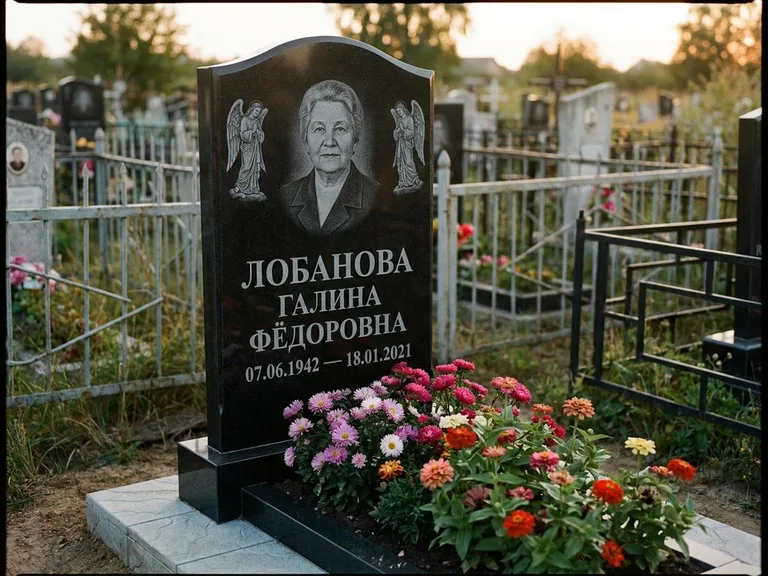 Памятник с гравировкой ангела — гравировка двух ангелов по сторонам портрета, работа «Лобанова» в Сочи
